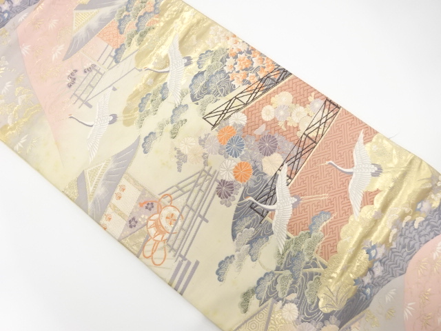 アンティーク　九百錦　屋敷に草花・鶴模様織り出し袋帯(材料)